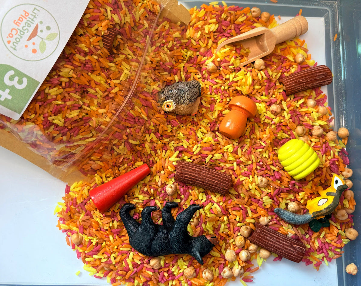 Cozy Fall sensory play kit with fall-coloured rice, pasta, woodland play pieces and bamboo scoop.